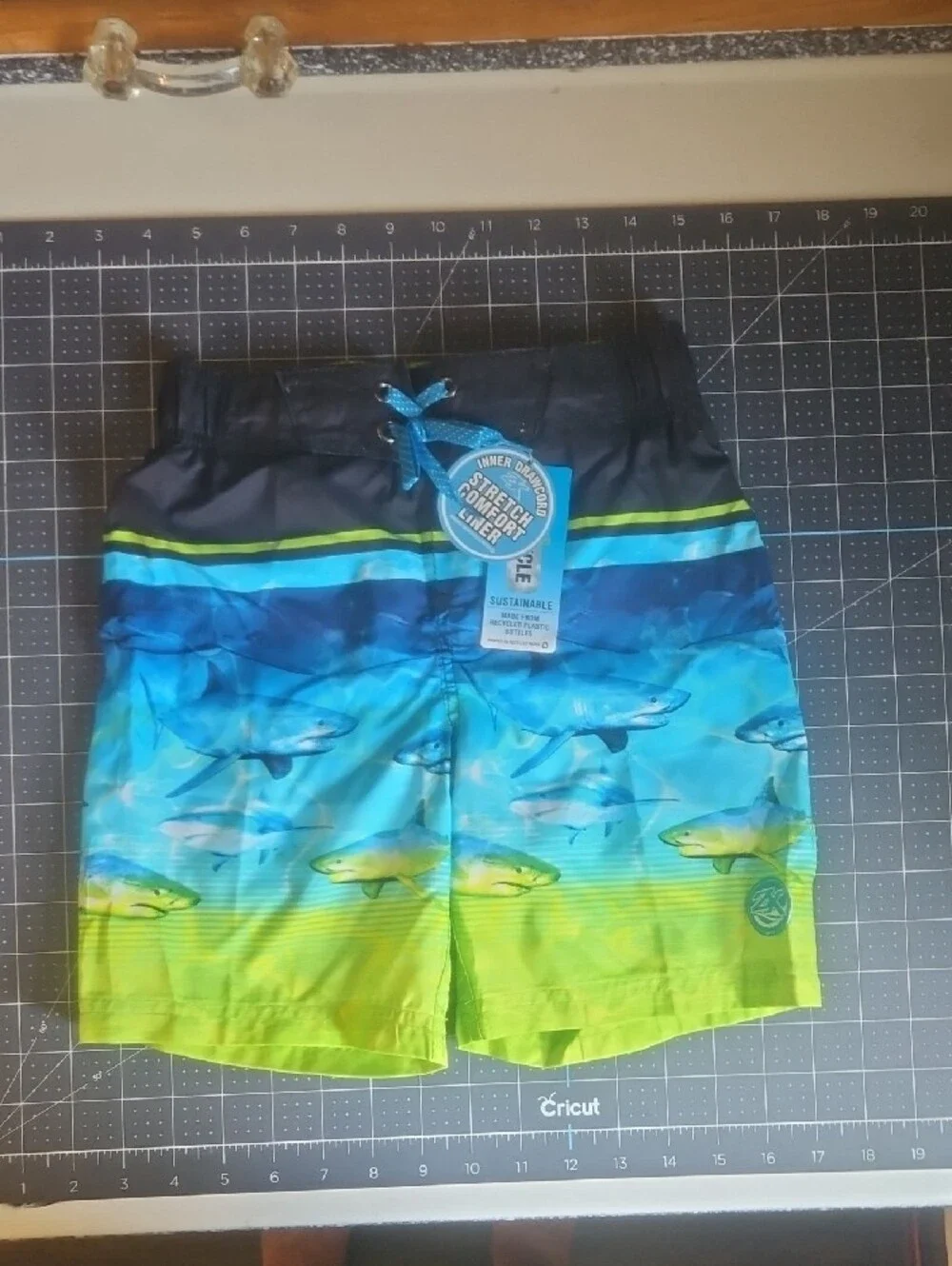 ZeroXposur Lime Green Rash Guard & Blue-Green Shark Print Swim Trunks
